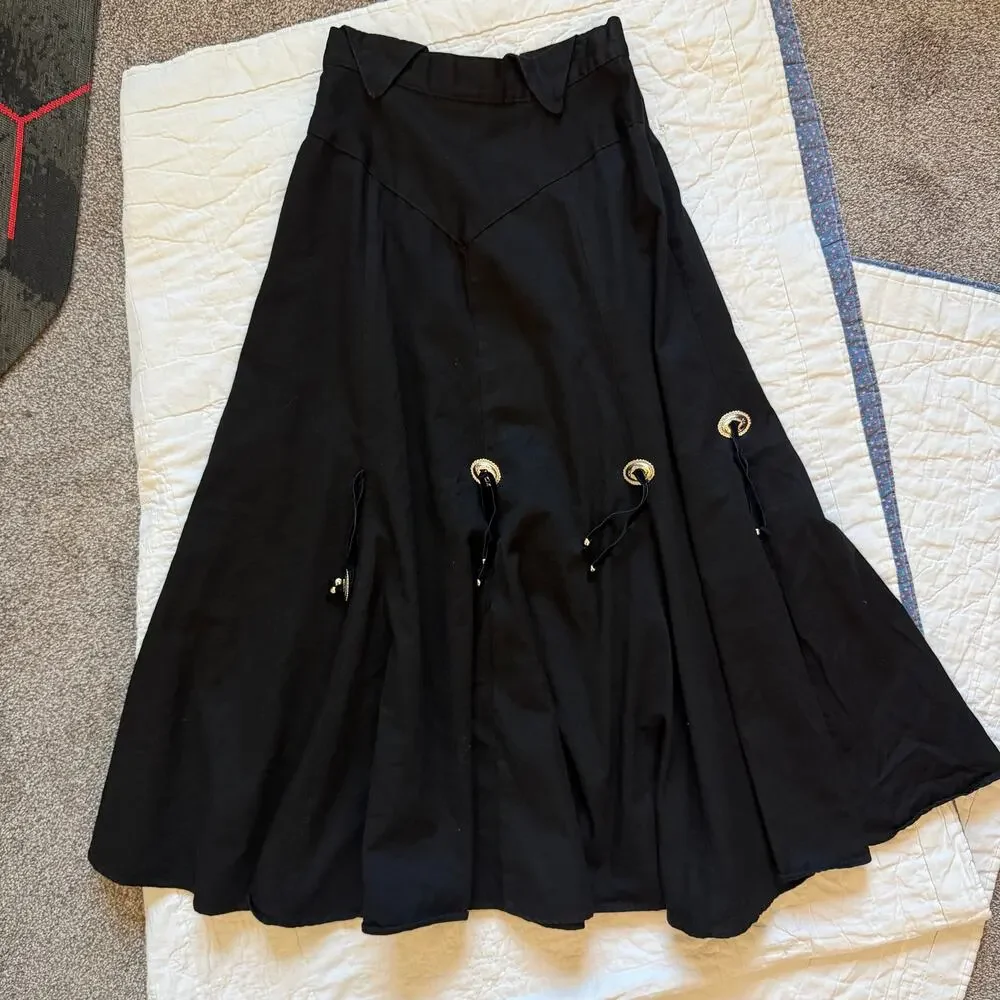 Vintage Circle T Marilyn Lenox Black Silver Concho Western Maxi Skirt Sz 7/8